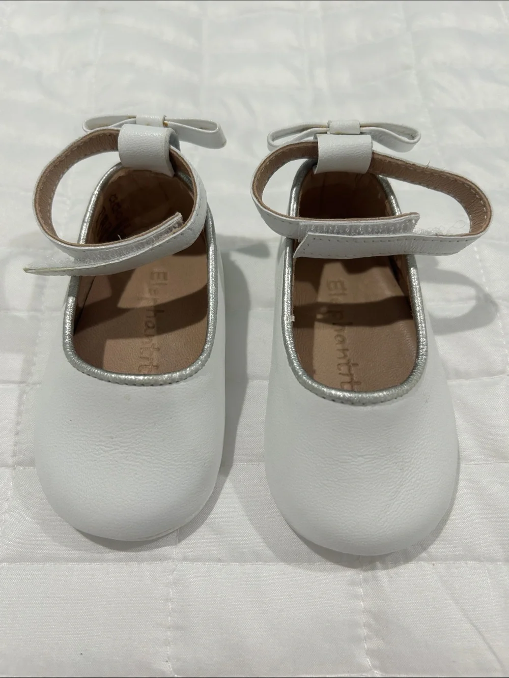 Elephantito White Mary Jane Shoes with Silver Trim
